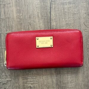 Michael Kors Red Pebbled Leather Zip-Around Wallet with Gold Plaque